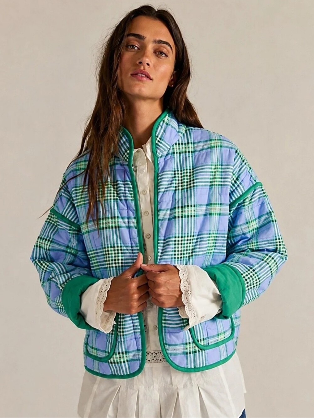 Free People Chloe Plaid Quilted Jacket in Blue & Green